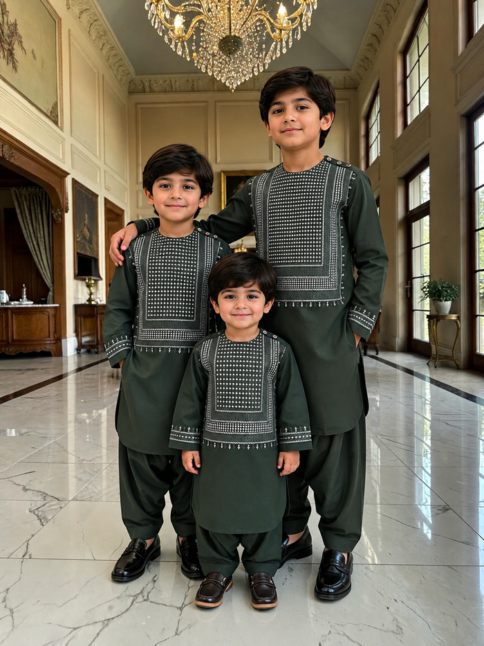 Kids Afghan Parahan Tunban (Yakhandozi ) – Forest Green Embroidered Traditional Outfit for Boys Design 24