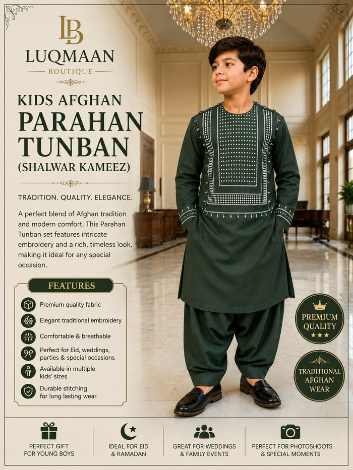 Kids Afghan Parahan Tunban (Yakhandozi ) – Forest Green Embroidered Traditional Outfit for Boys Design 24