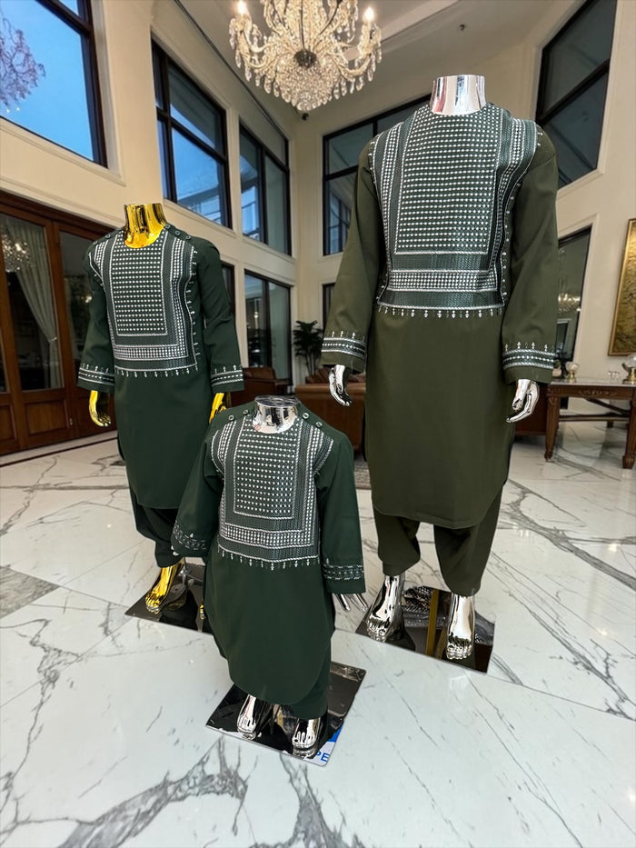 Kids Afghan Parahan Tunban (Yakhandozi ) – Forest Green Embroidered Traditional Outfit for Boys Design 24