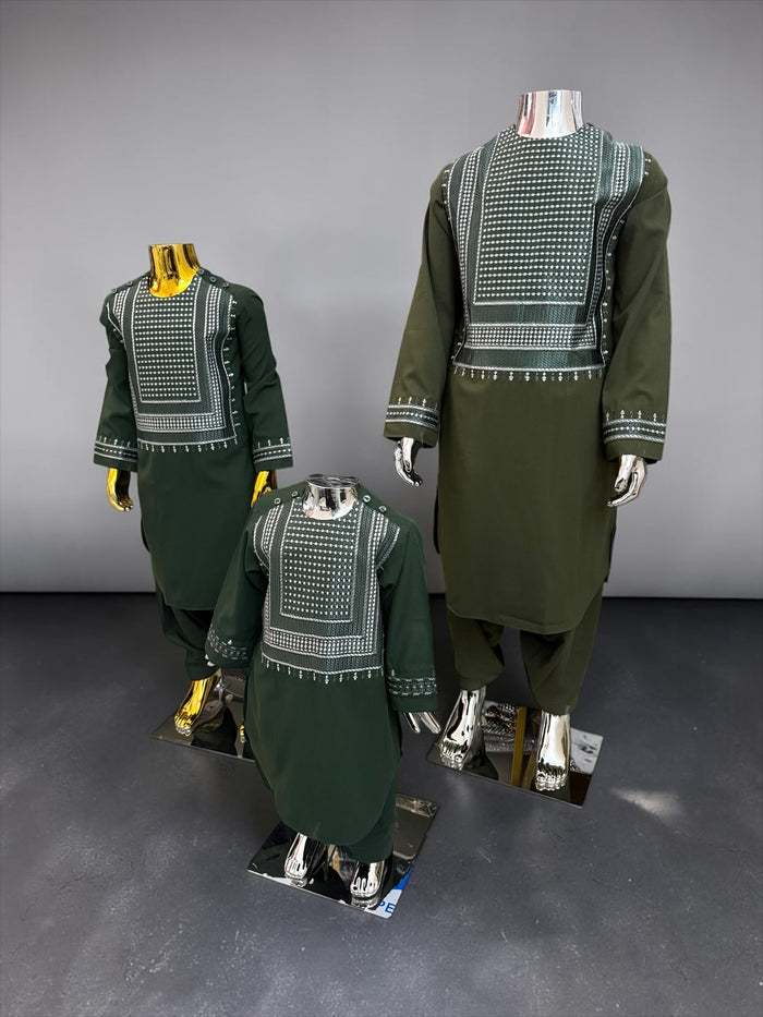 Kids Afghan Parahan Tunban (Yakhandozi ) – Forest Green Embroidered Traditional Outfit for Boys Design 24