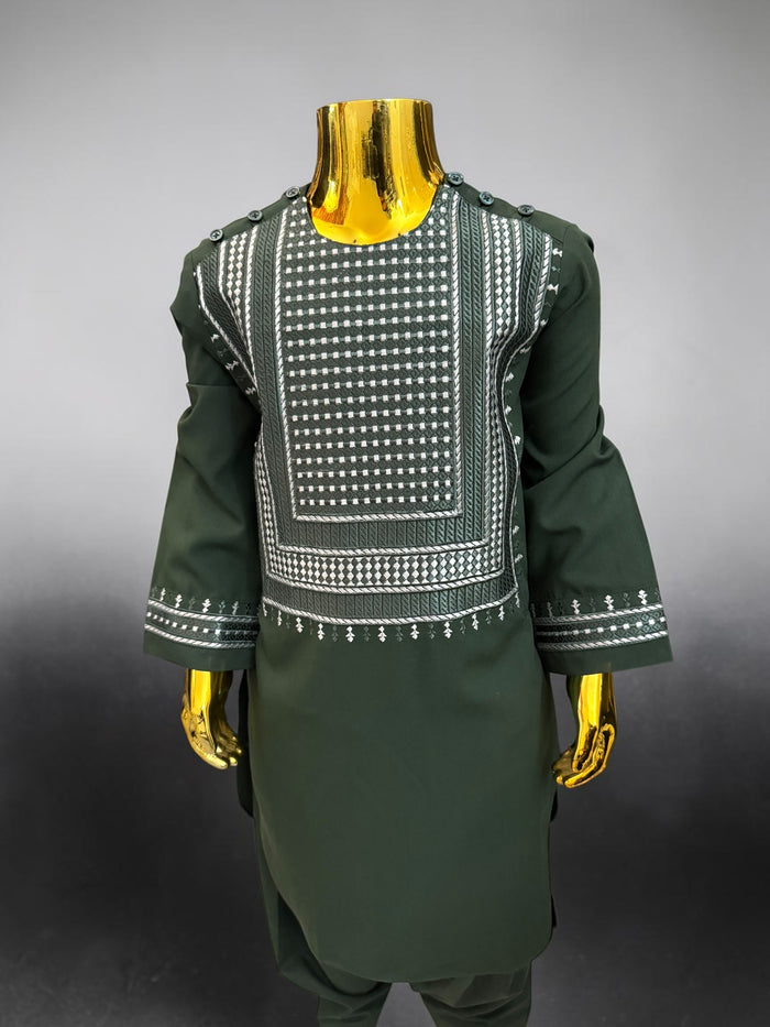 Kids Afghan Parahan Tunban (Yakhandozi ) – Forest Green Embroidered Traditional Outfit for Boys Design 24