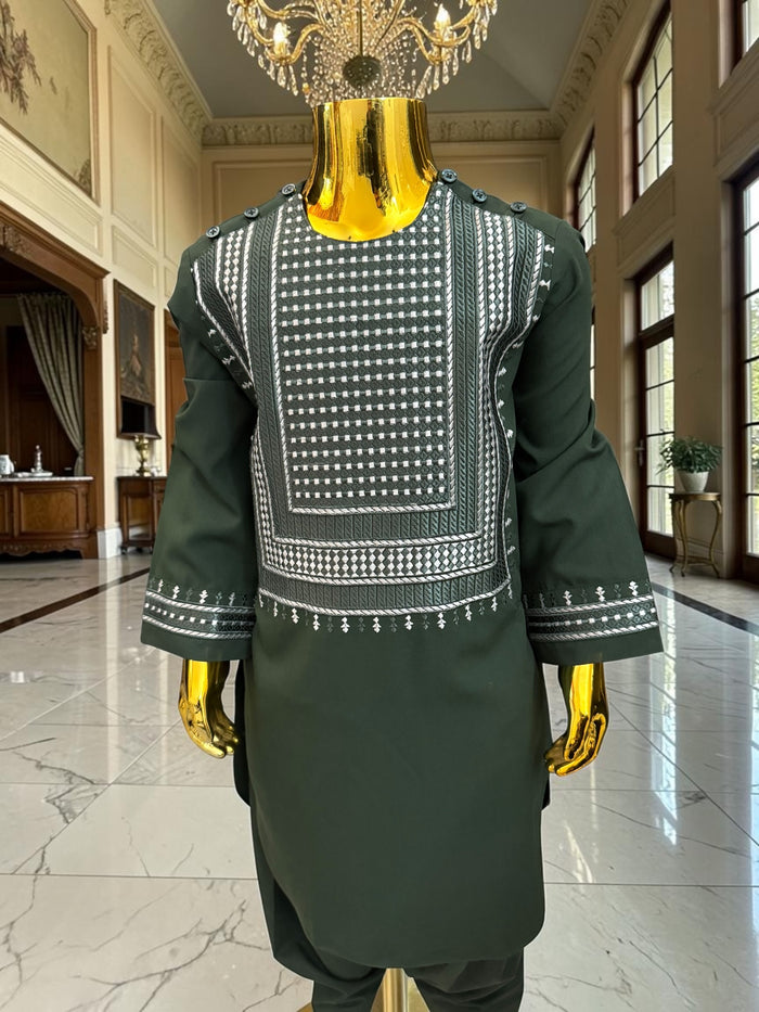 Kids Afghan Parahan Tunban (Yakhandozi ) – Forest Green Embroidered Traditional Outfit for Boys Design 24