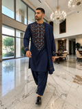 Large Navy Blue Afghan Men’s Parahan Tunban Set – Hand Embroidery & Mirror Work with Matching Chadder/patto