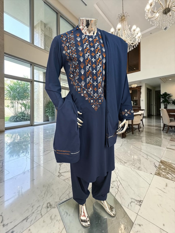 Large Navy Blue Afghan Men’s Parahan Tunban Set – Hand Embroidery & Mirror Work with Matching Chadder/patto