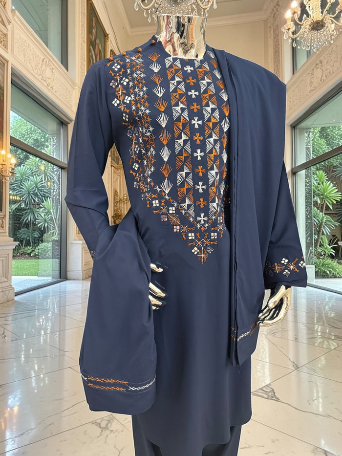 Large Navy Blue Afghan Men’s Parahan Tunban Set – Hand Embroidery & Mirror Work with Matching Chadder/patto