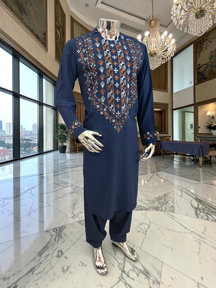 Large Navy Blue Afghan Men’s Parahan Tunban Set – Hand Embroidery & Mirror Work with Matching Chadder/patto