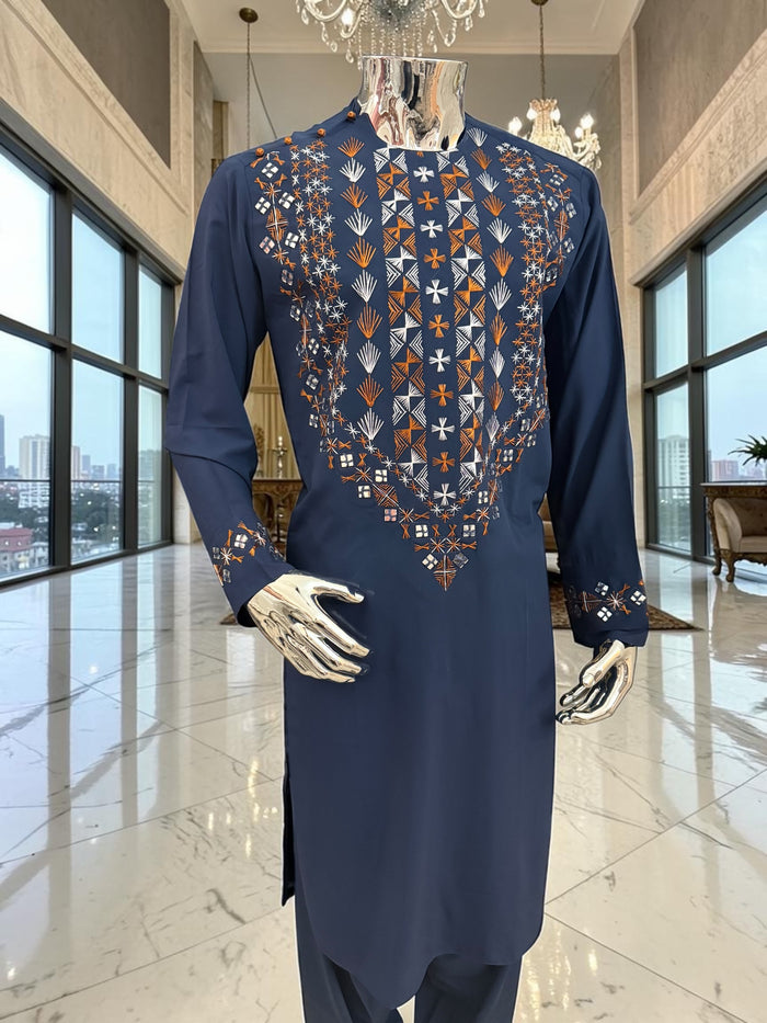 Large Navy Blue Afghan Men’s Parahan Tunban Set – Hand Embroidery & Mirror Work with Matching Chadder/patto