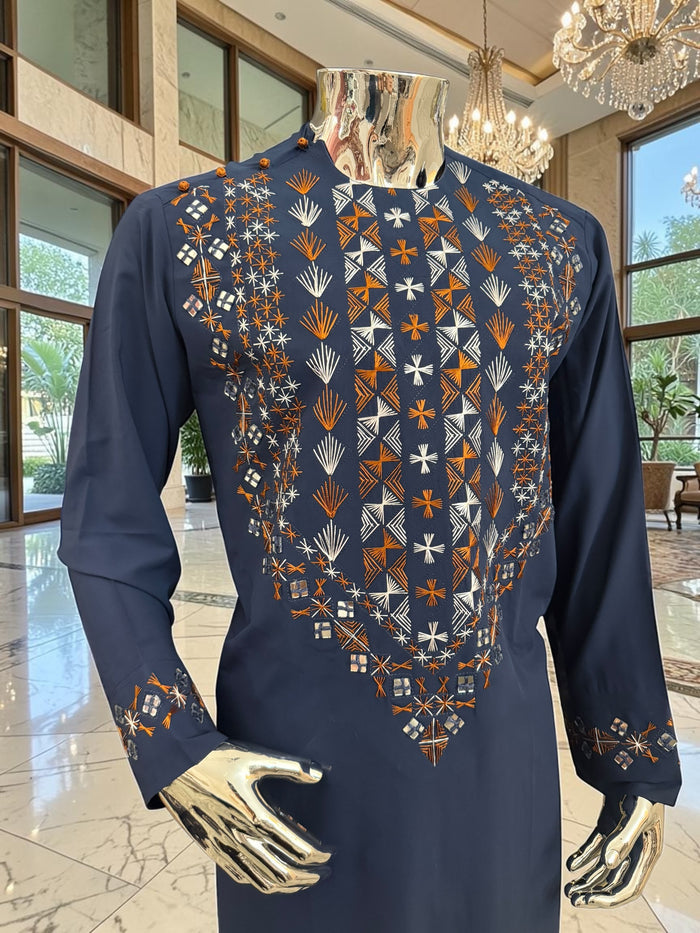 Large Navy Blue Afghan Men’s Parahan Tunban Set – Hand Embroidery & Mirror Work with Matching Chadder/patto