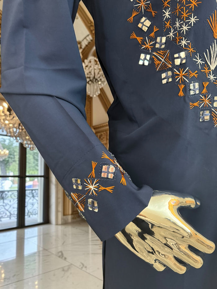 Large Navy Blue Afghan Men’s Parahan Tunban Set – Hand Embroidery & Mirror Work with Matching Chadder/patto