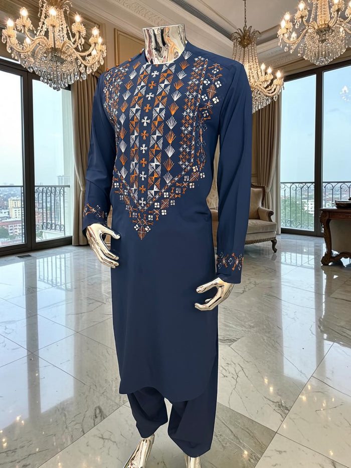 Large Navy Blue Afghan Men’s Parahan Tunban Set – Hand Embroidery & Mirror Work with Matching Chadder/patto