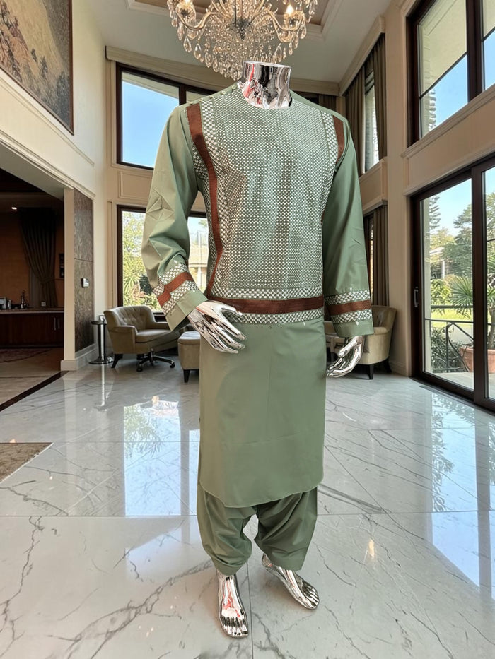 Large Sage Green Afghan Parahan Tunban with Premium Machine Embroidery