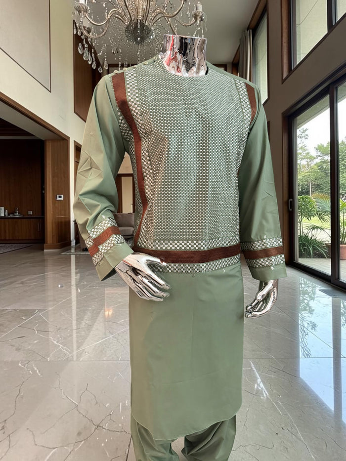 Large Sage Green Afghan Parahan Tunban with Premium Machine Embroidery
