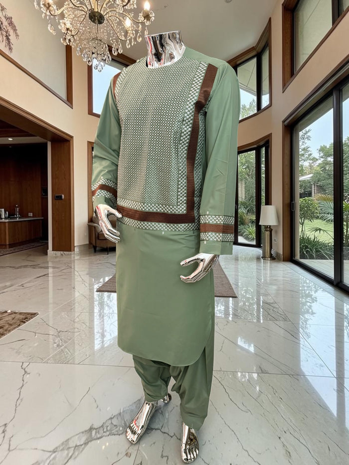 Large Sage Green Afghan Parahan Tunban with Premium Machine Embroidery