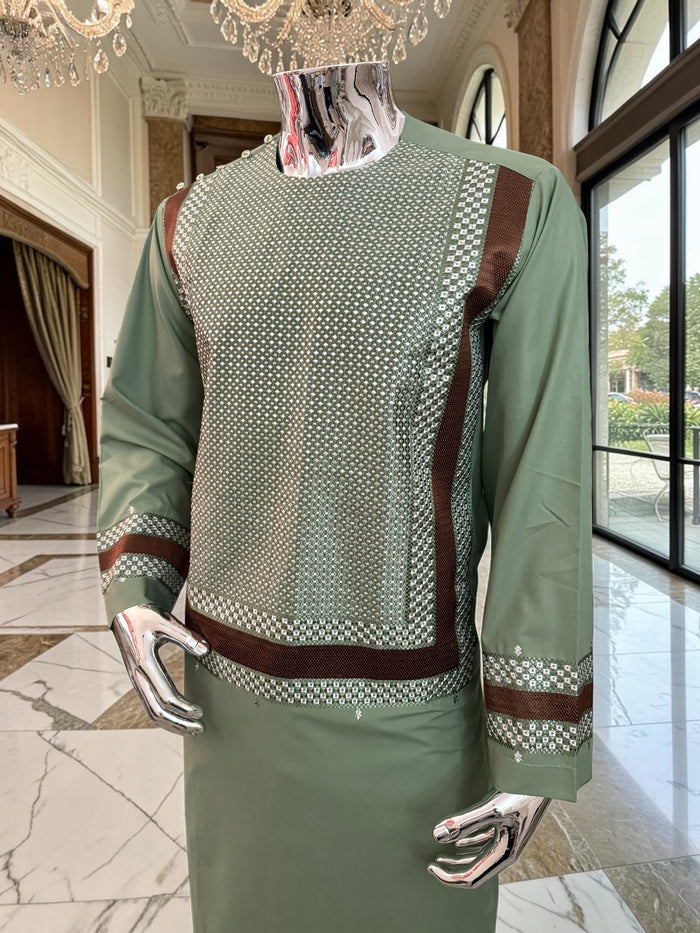 Large Sage Green Afghan Parahan Tunban with Premium Machine Embroidery