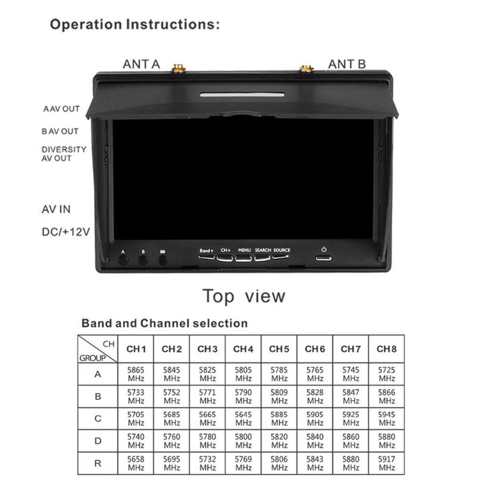 Drone FPV monitor with dual antennas, AV inputs, and channel frequency chart for UAV operation