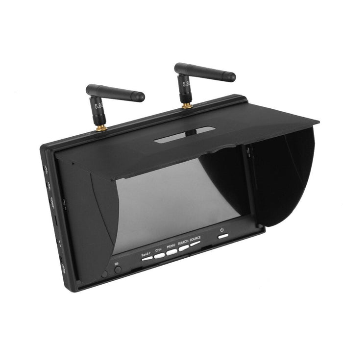 5.8GHz FPV monitor with dual antennas and sun hood for drone racing and aerial imaging