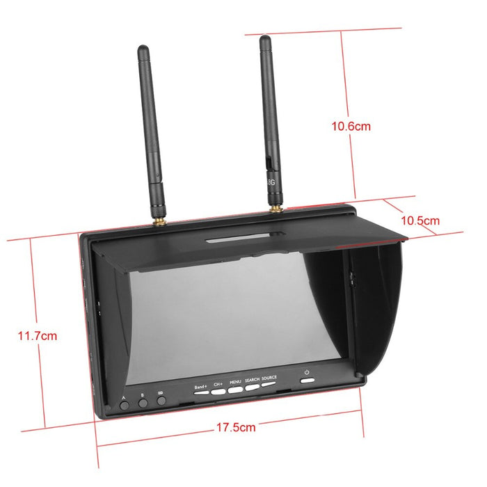 7-inch FPV monitor with dual antennas for drone racing and UAV operation, showing dimensions