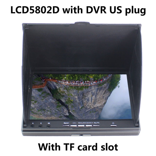 LCD5802D drone monitor with DVR, TF card slot, US plug, displaying cliffside aerial view