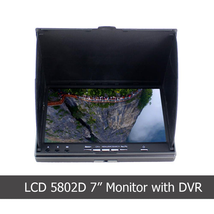 7-inch LCD 5802D monitor with DVR for drone FPV, featuring sunshade hood and control buttons