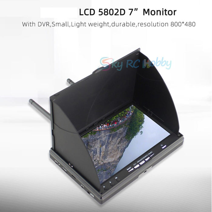 7-inch LCD 5802D drone monitor with DVR, lightweight, 800x480 resolution, sunshade hood for outdoor use