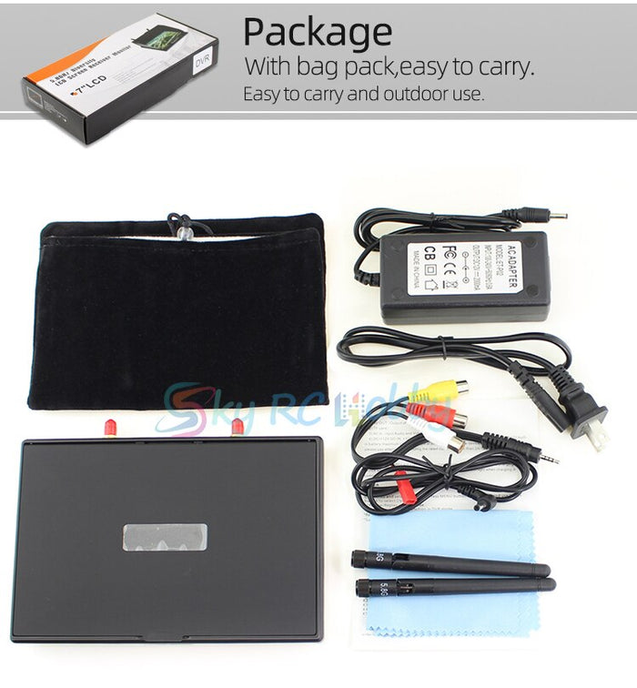 7-inch LCD drone monitor with carrying bag, power adapter, cables, and antennas for outdoor UAV use