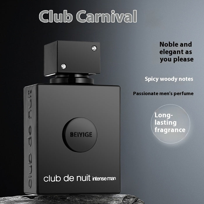 A black bottle of 'Club de nuit intense men' perfume with text describing the fragrance as spicy woody and long-lasting.
