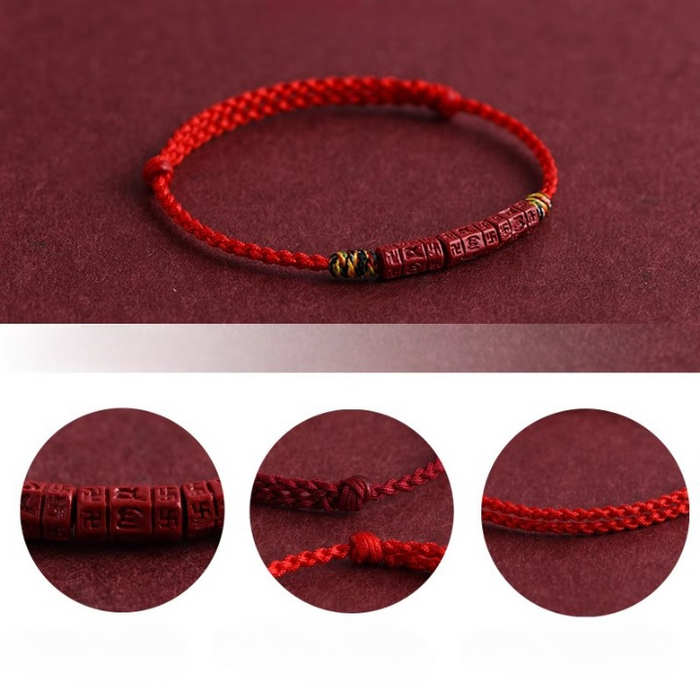 Adjustable Unisex Red String Bracelet with Carved Mani Mantra Beads