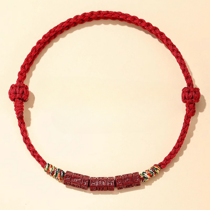 Adjustable Unisex Red String Bracelet with Carved Mani Mantra Beads