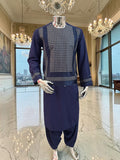 Medium Men’s Navy Blue Parahan Tunban – Premium White/Navy/Brown Machine Embroidery Afghan Outfit