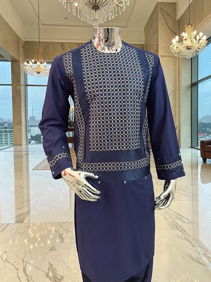 Medium Men’s Navy Blue Parahan Tunban – Premium White/Navy/Brown Machine Embroidery Afghan Outfit