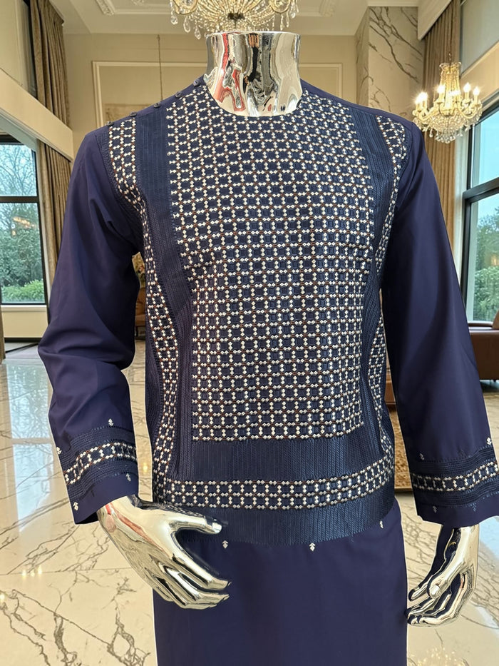 Medium Men’s Navy Blue Parahan Tunban – Premium White/Navy/Brown Machine Embroidery Afghan Outfit