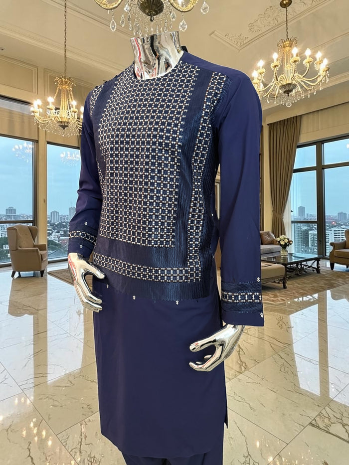 Medium Men’s Navy Blue Parahan Tunban – Premium White/Navy/Brown Machine Embroidery Afghan Outfit