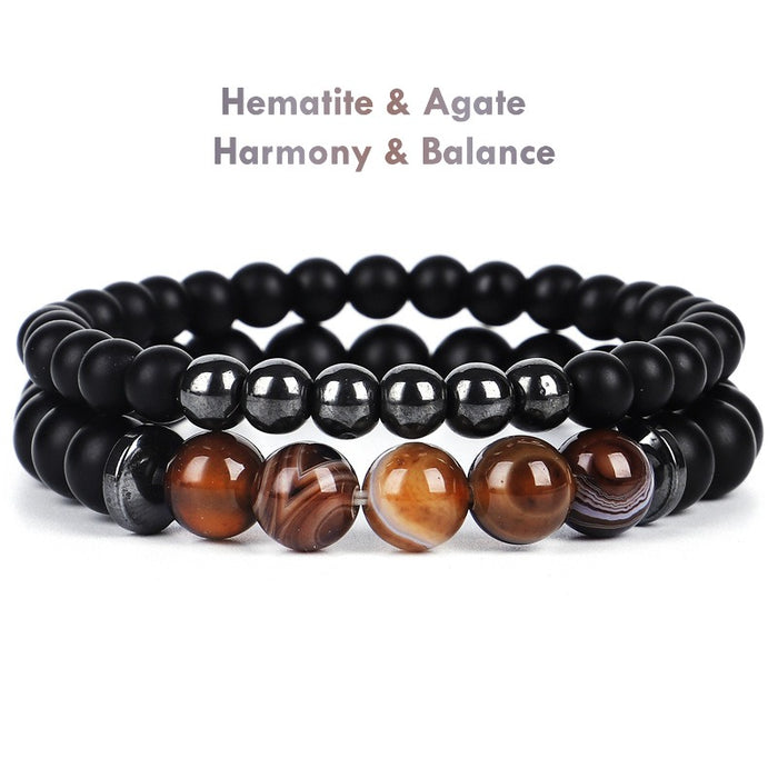 Men’s Hematite & Agate Bracelet Set Natural Stone Grounding Style