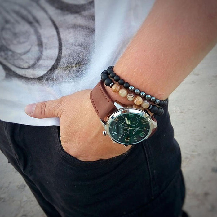Hematite and Agate bead bracelet men stretch fit natural stone