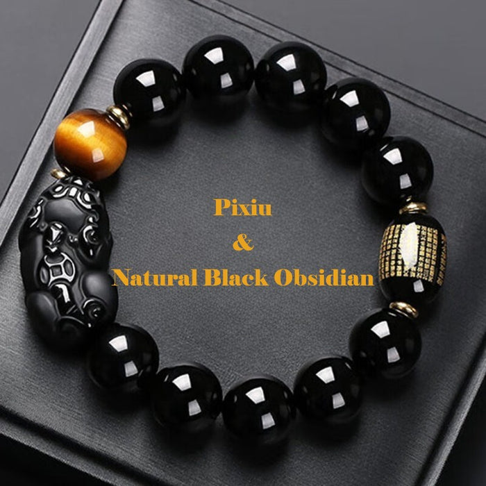 Men’s Pixiu Black Obsidian Wealth Bracelet Close-up