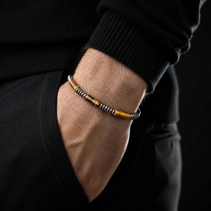 Men Wearing Tiger Eye Chain Bracelet with Gold Accents
