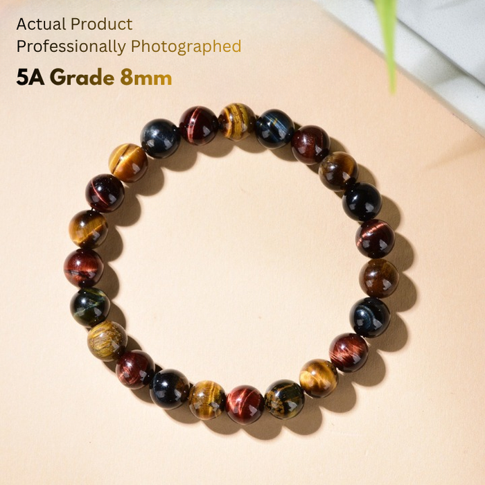 red blue yellow three color tiger eye bracelet 8mm beads flat lay look