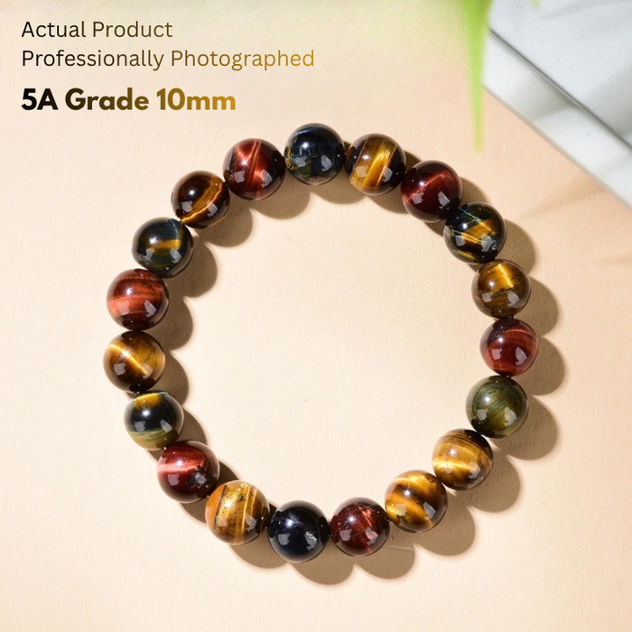 red blue yellow three color tiger eye bracelet 10mm beads flat lay look