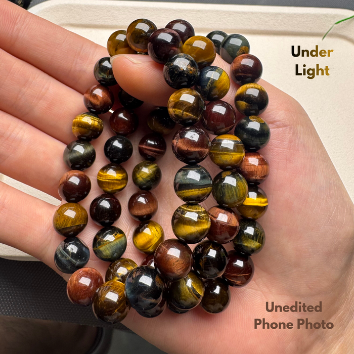 red blue yellow three color tiger eye bracelet close up look beads
