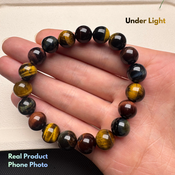 red blue yellow three color tiger eye bracelet under light beads look