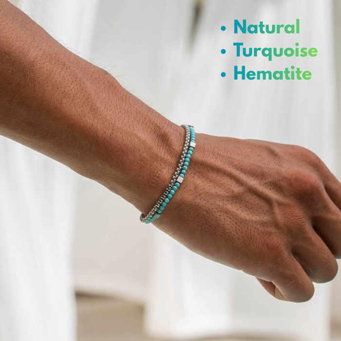 men’s turquoise and hematite bracelet – natural stone stacked design