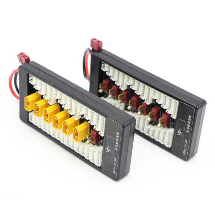 Multi-functional UAV battery charging board with yellow and red connectors for drone power management