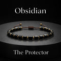 Natural black obsidian adjustable bracelet with square cube beads and gold accents