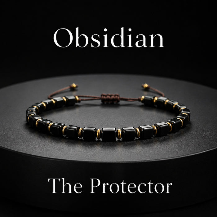 Natural black obsidian adjustable bracelet with square cube beads and gold accents