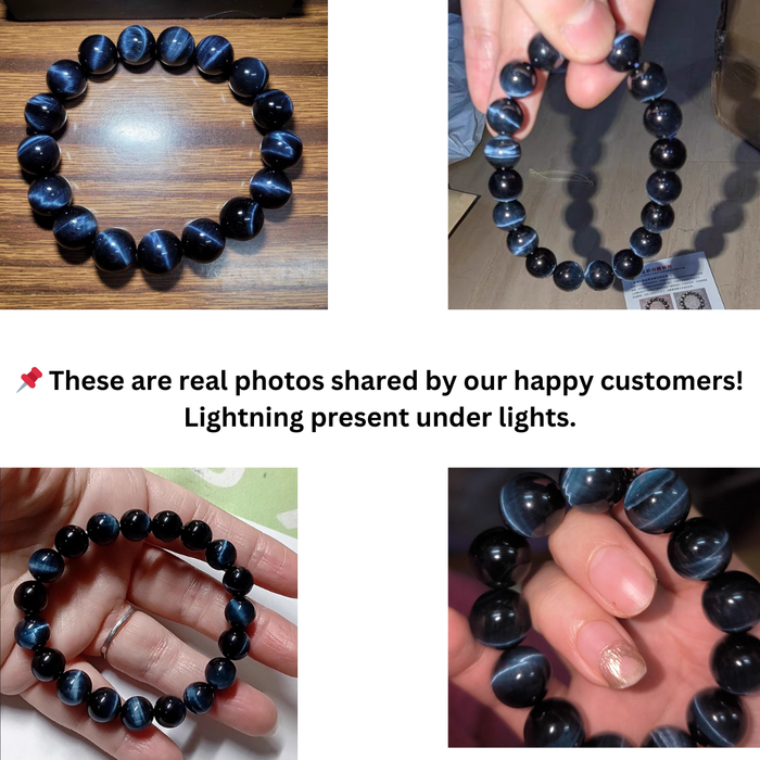 close-up of blue tiger eye beads showing deep-blue glow