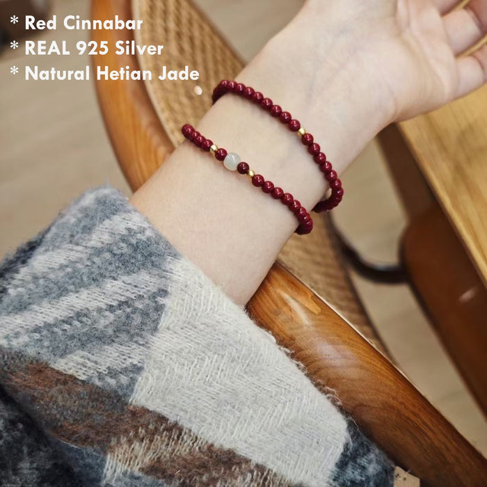 natural cinnabar and Hetian jade bracelet with sterling silver