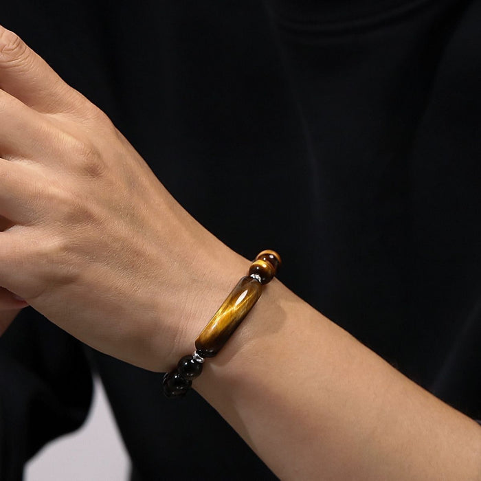 Man Wearing Natural Golden Obsidian and Tiger Eye Bracelet with 10mm Beads