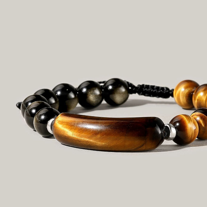 Tiger Eye Tube Bead Detail on Natural Golden Obsidian Men's Bracelet