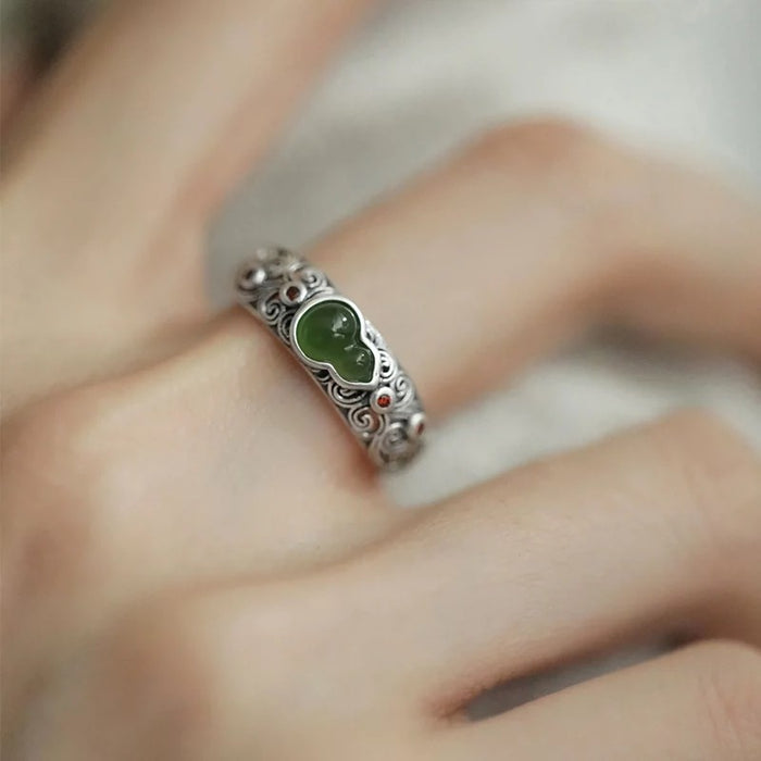 Natural Green Jade Calabash Silver Ring – 925 Sterling Silver Feng Shui Talisman