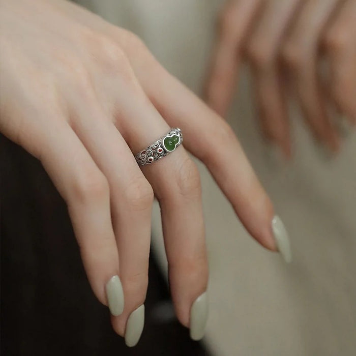 Handcrafted Green Jade Calabash Silver Ring with Lucky Cloud Engraving
